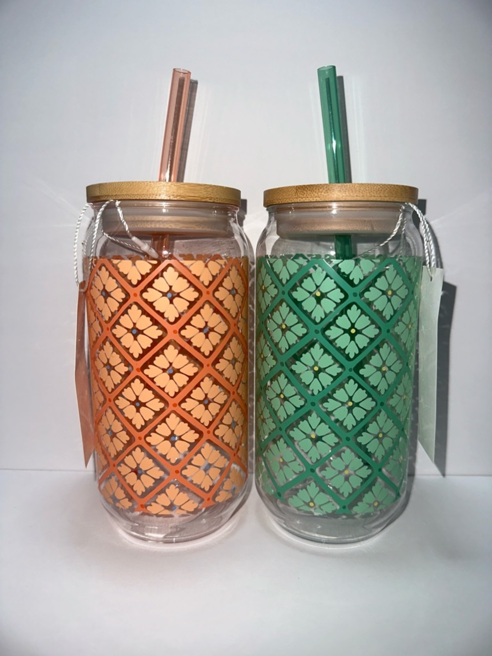 Mainstays Glass Tumbler Set with Bamboo Lids and Straws - Orange & Green